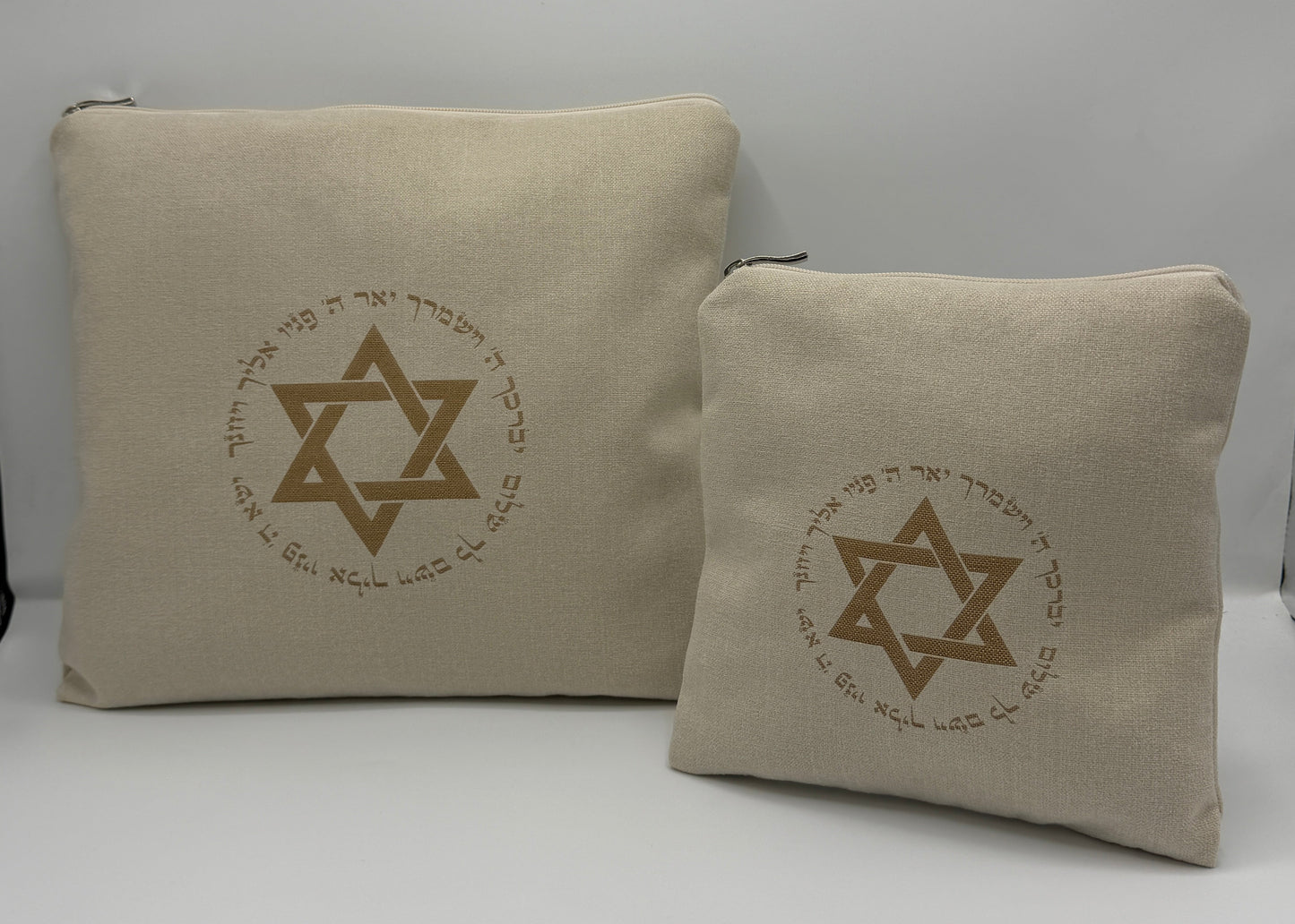 סט כיסויים לטלית ולתפילין פשתן בהיר בחיתוך לייזר
