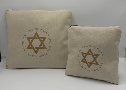 סט כיסויים לטלית ולתפילין פשתן בהיר בחיתוך לייזר