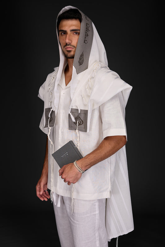 טלית צמר דגם האש שלי אפור כהה