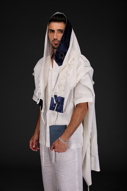 טלית צמר דגם יברכך כחול