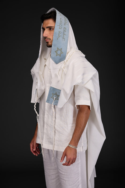 טלית צמר דגם להתעטף בציצית תכלת